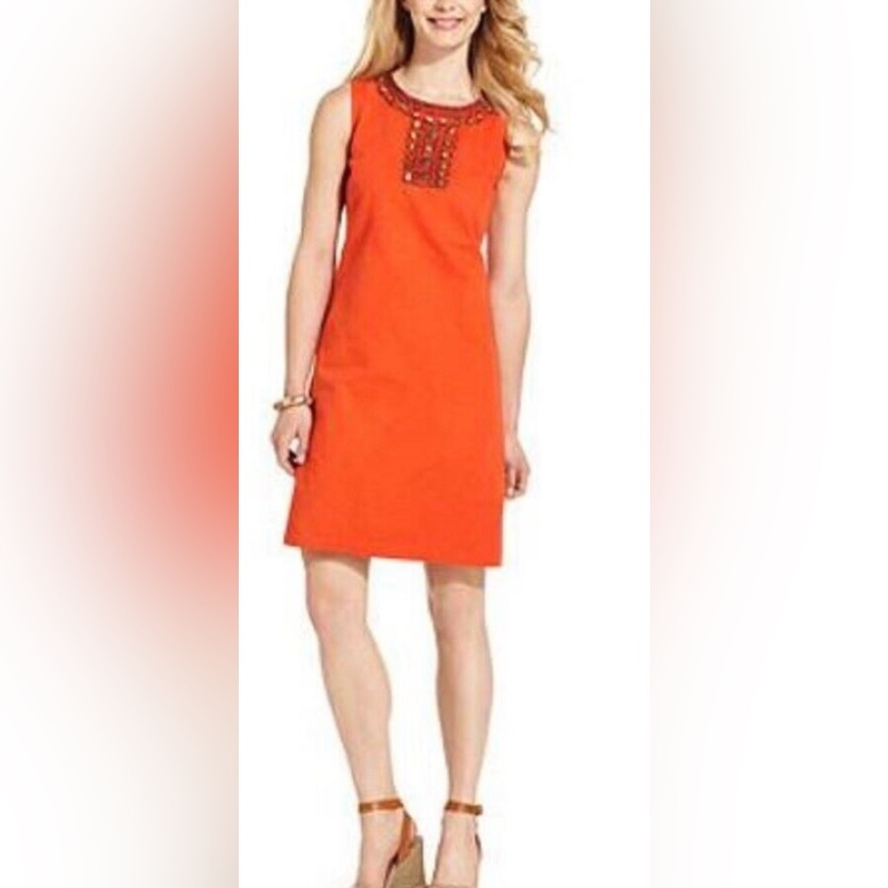 Ellen Tracy Dress Orange Textured Cotton Beaded Embellishments Sleeveless 12 👍